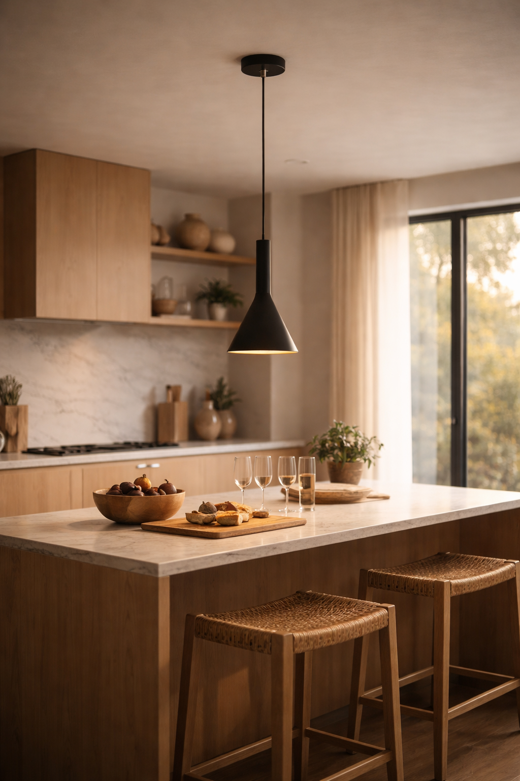 Cuisine moderne baignée de lumière chaude avec suspension minimaliste