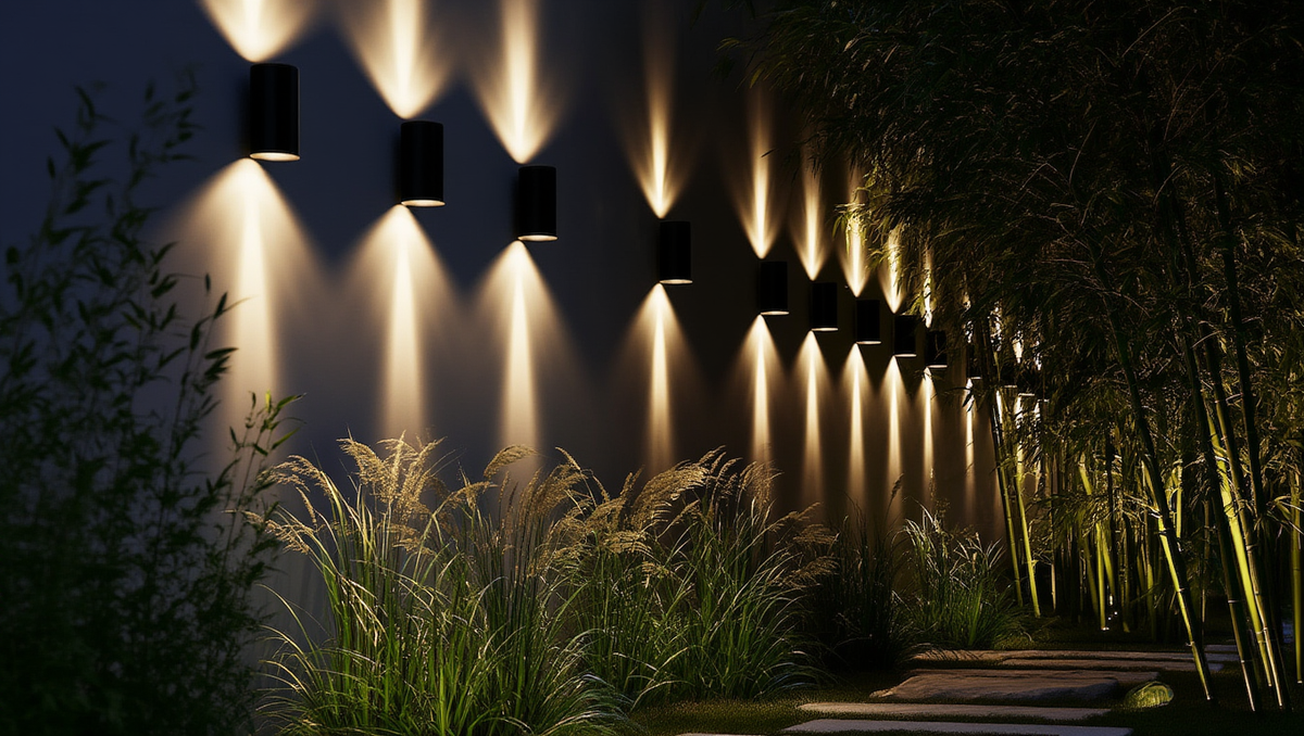 Jardin design nocturne éclairé avec applique double faisceau