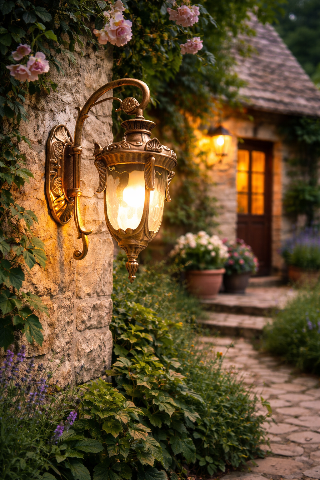 Lanterne ancienne style rétro au coucher du soleil