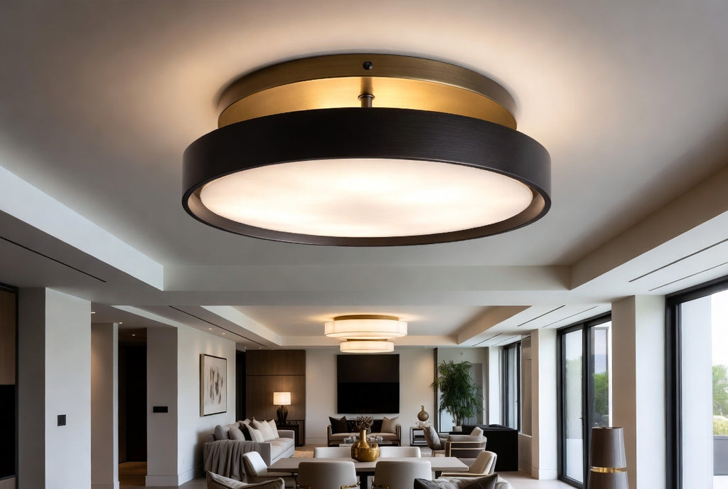 Salon moderne éclairé avec plafonnier luminaire rond nordique