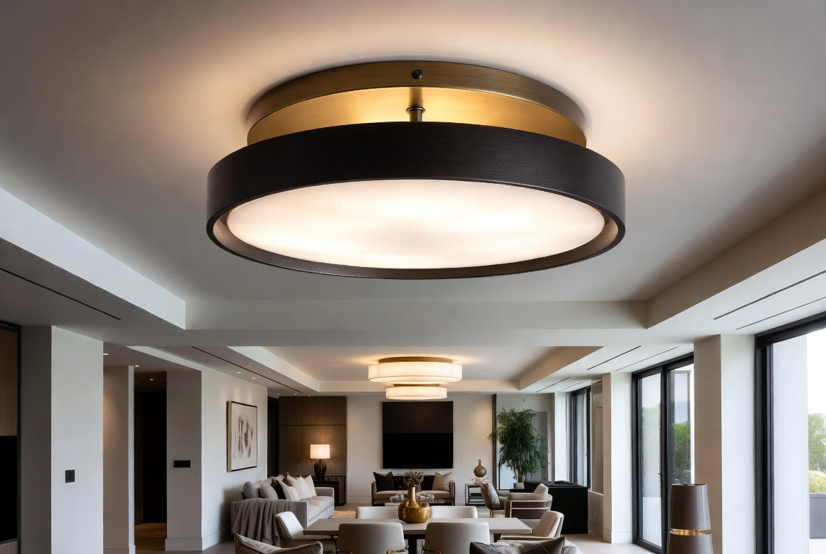 Salon moderne éclairé avec plafonnier luminaire rond nordique