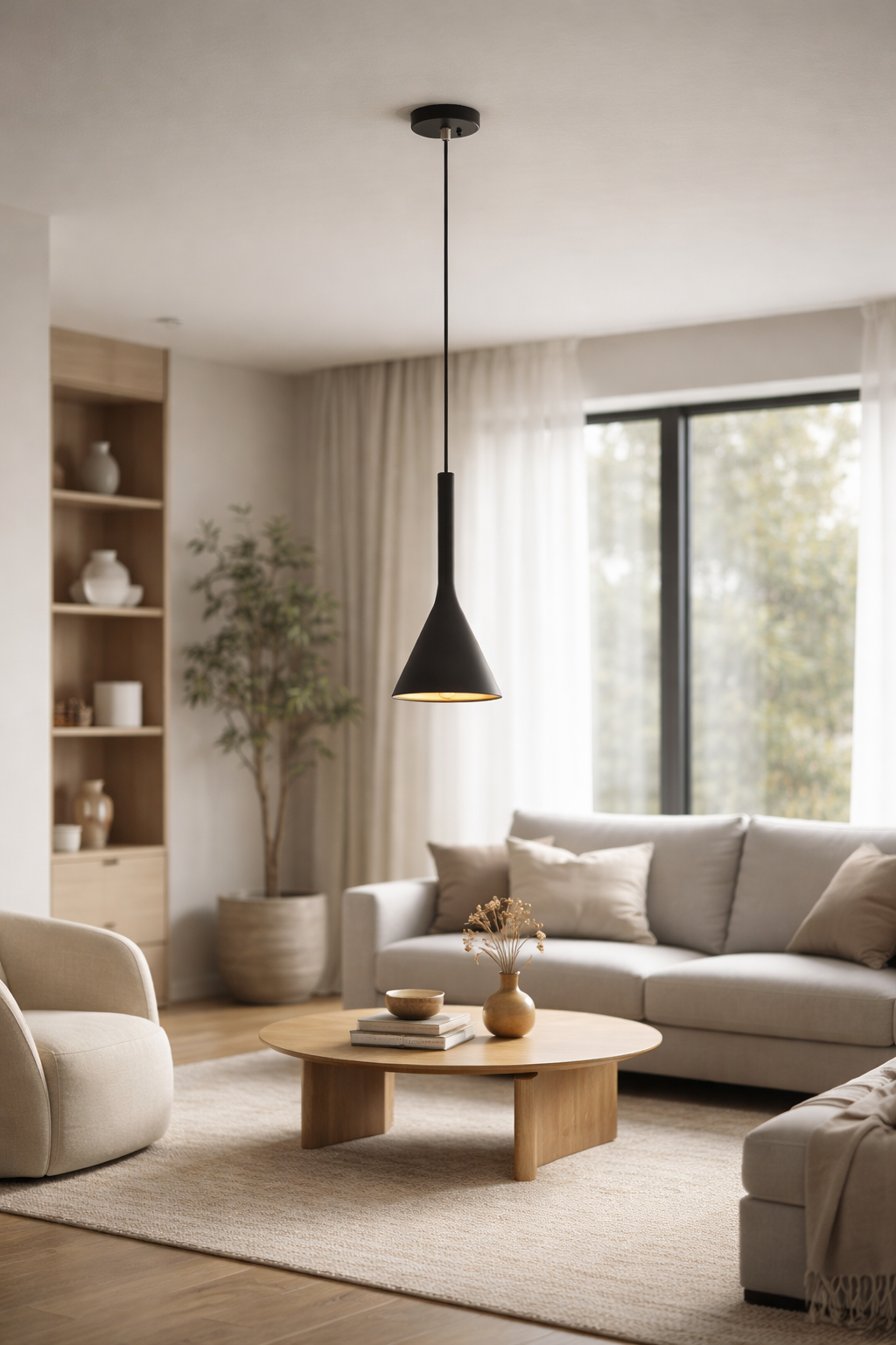 Salon moderne lumineux avec suspension minimaliste