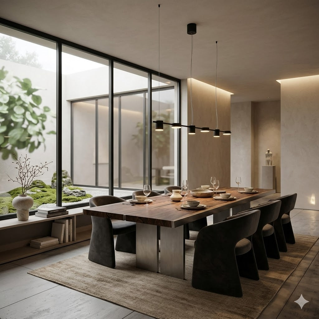 Salle à manger éclairée avec suspension luminaire multi-spots