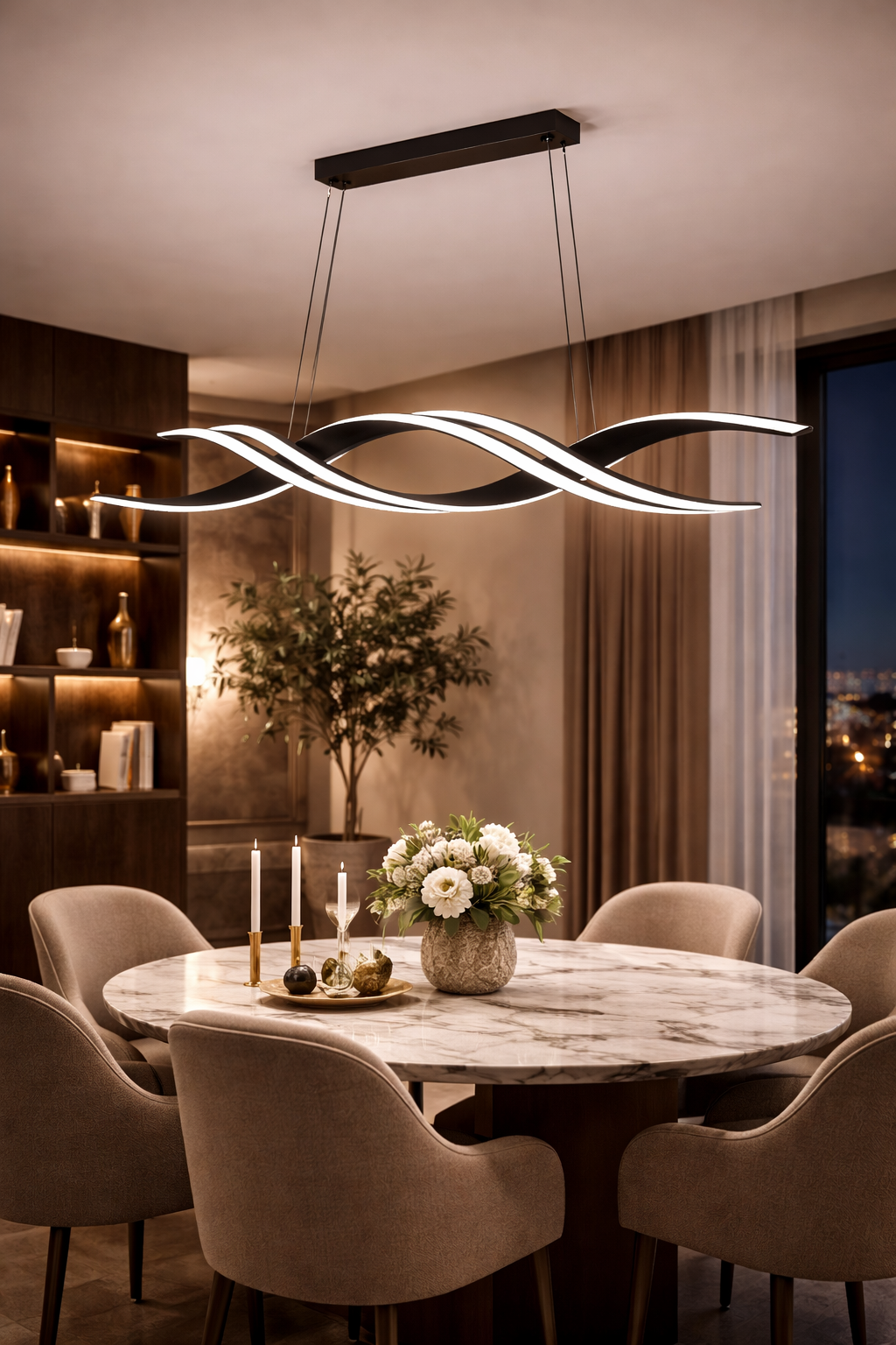 Restaurant éclairé avec suspension luminaire rubans torsadés