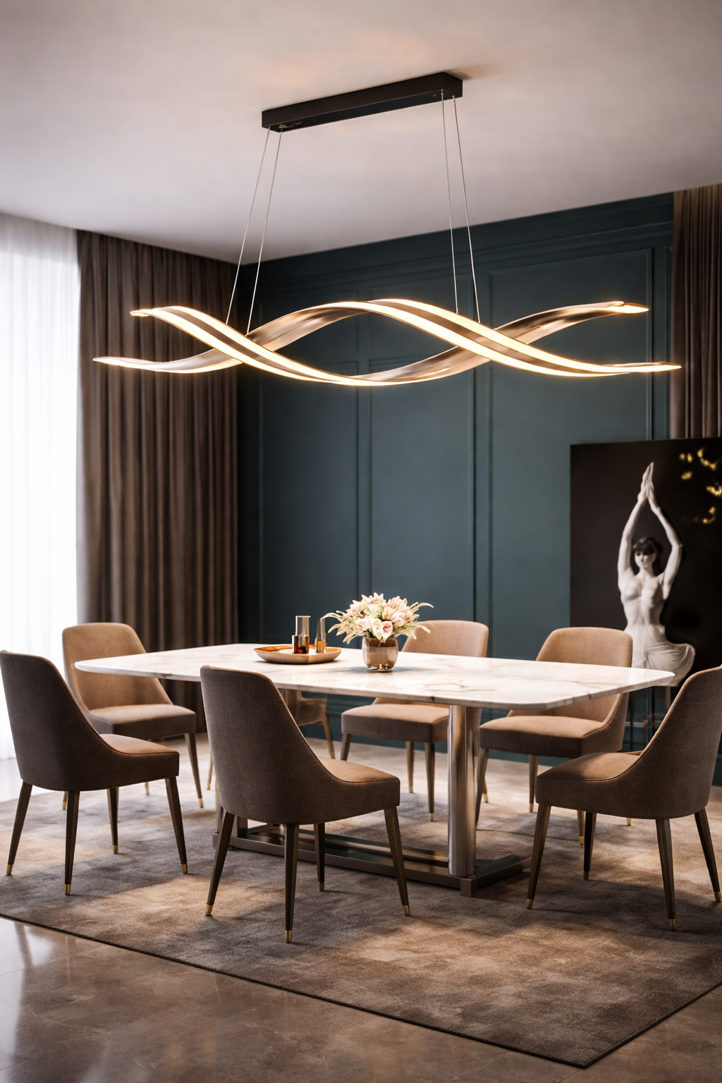 Salle à manger avec suspension luminaire rubans torsadés dorée