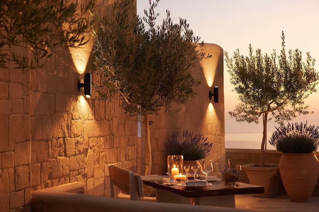 Terrasse lumineuse avec applique murale extérieure double faisceau