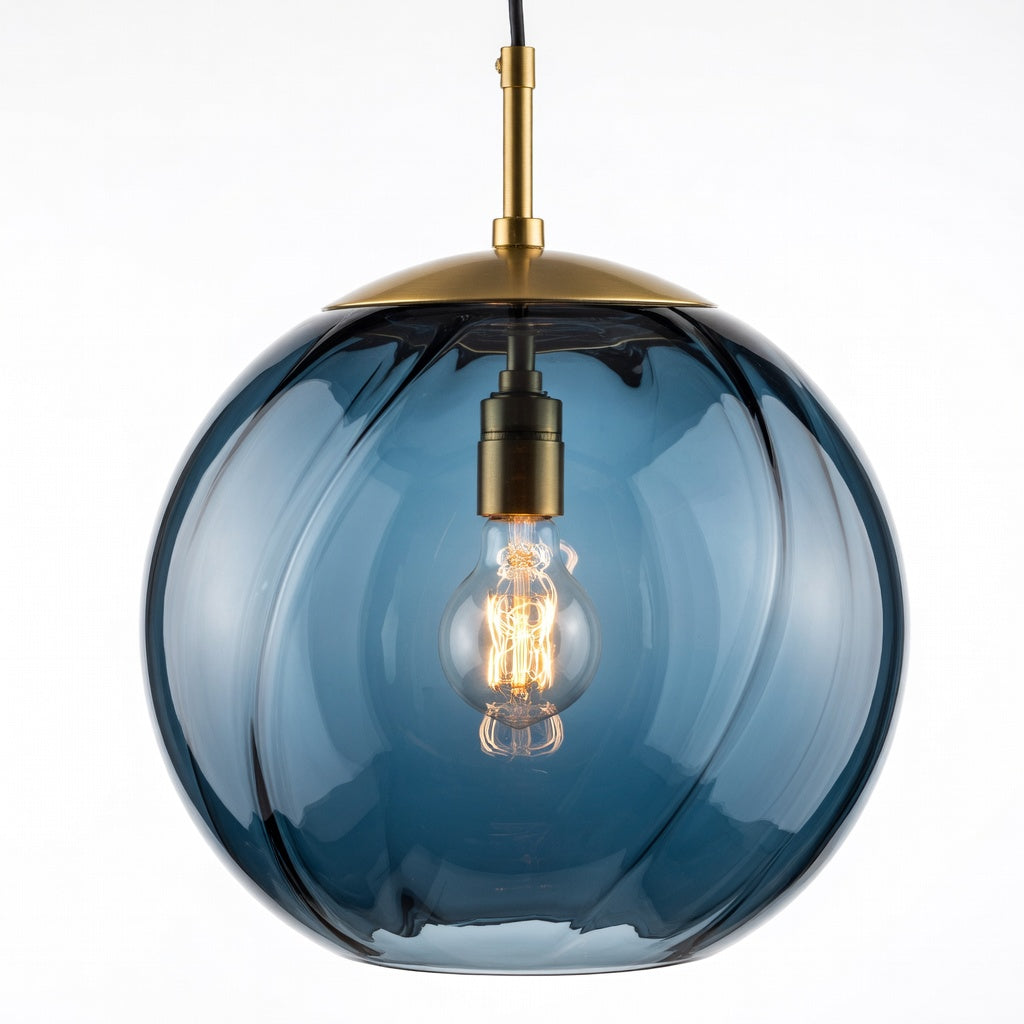 Suspension luminaire globe verre soufflé bleu