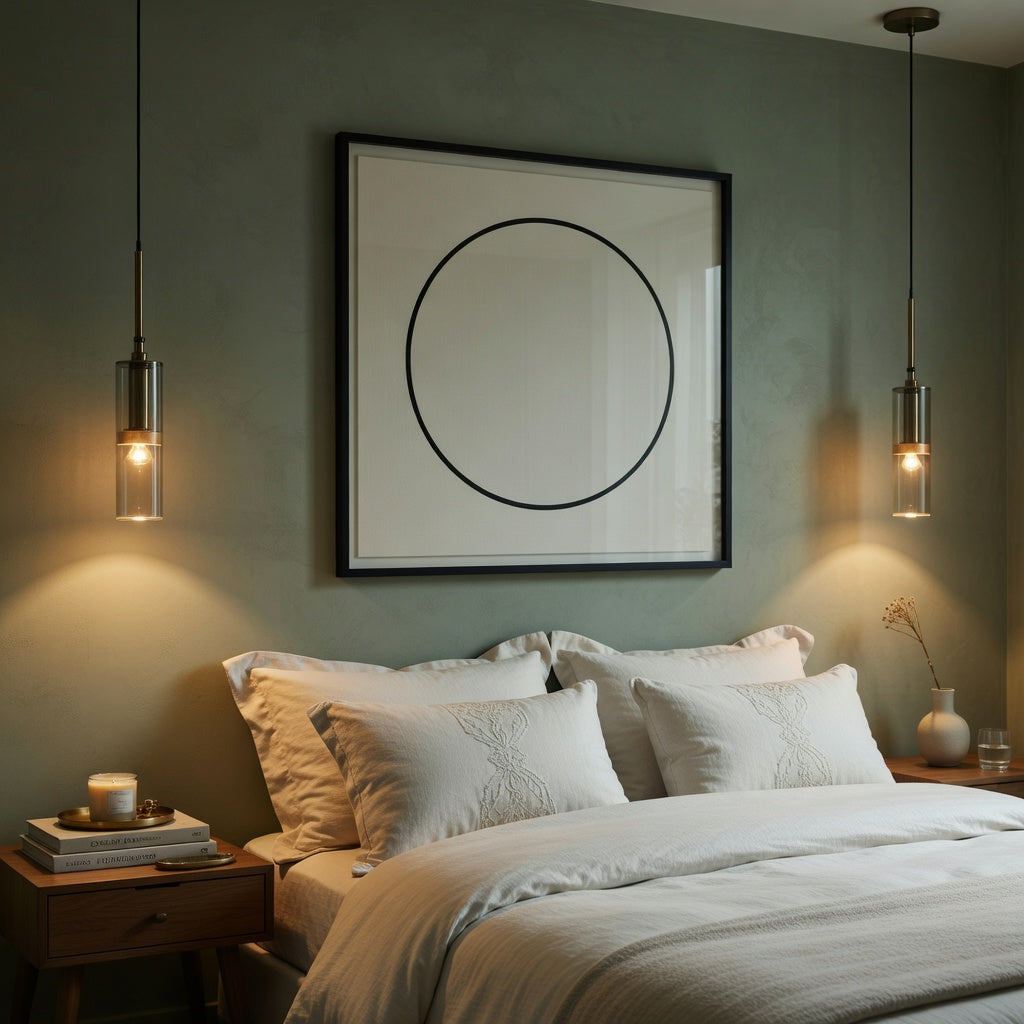 Chambre design avec suspension luminaire noir fumé