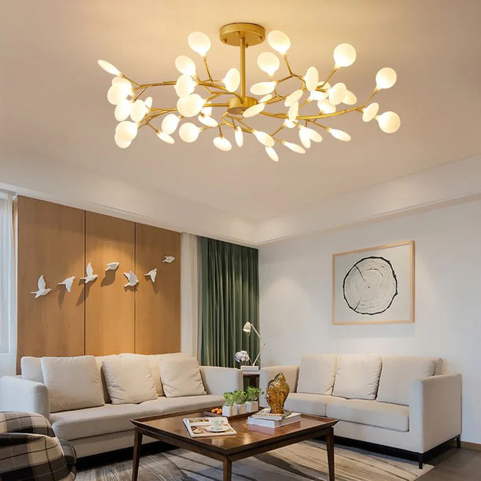 Lustre suspension design en ambiance salon - Maison Lumexia