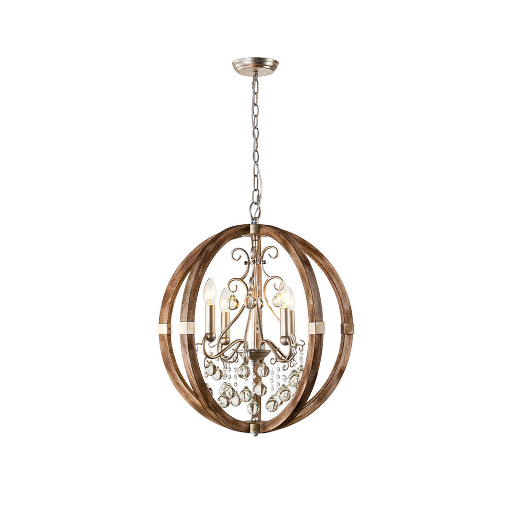 Suspension 5 têtes en fer et bois avec perles de verre - Maison Lumexia