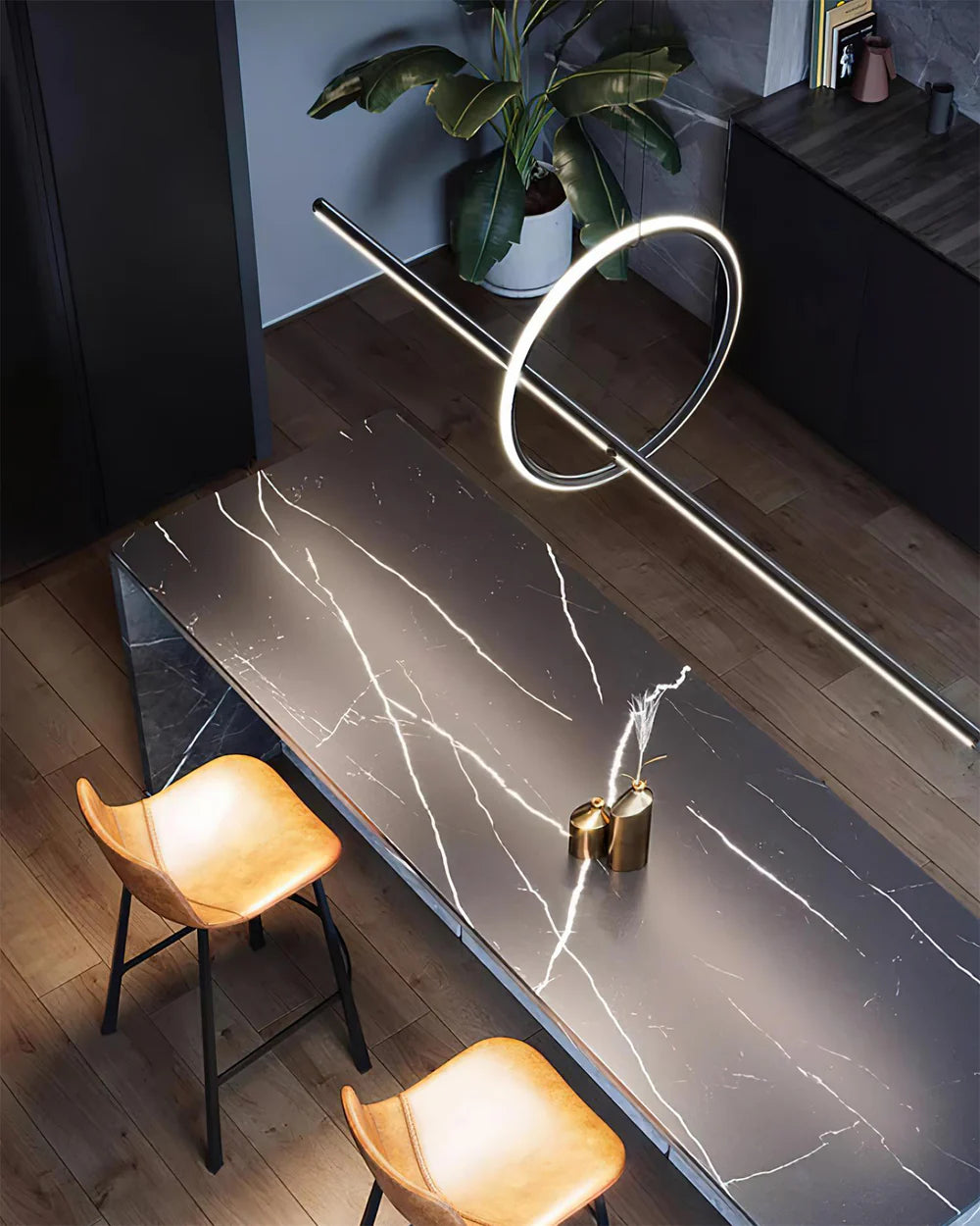 Suspension linéaire LED au-dessus d'un îlot de cuisine - Maison Lumexia