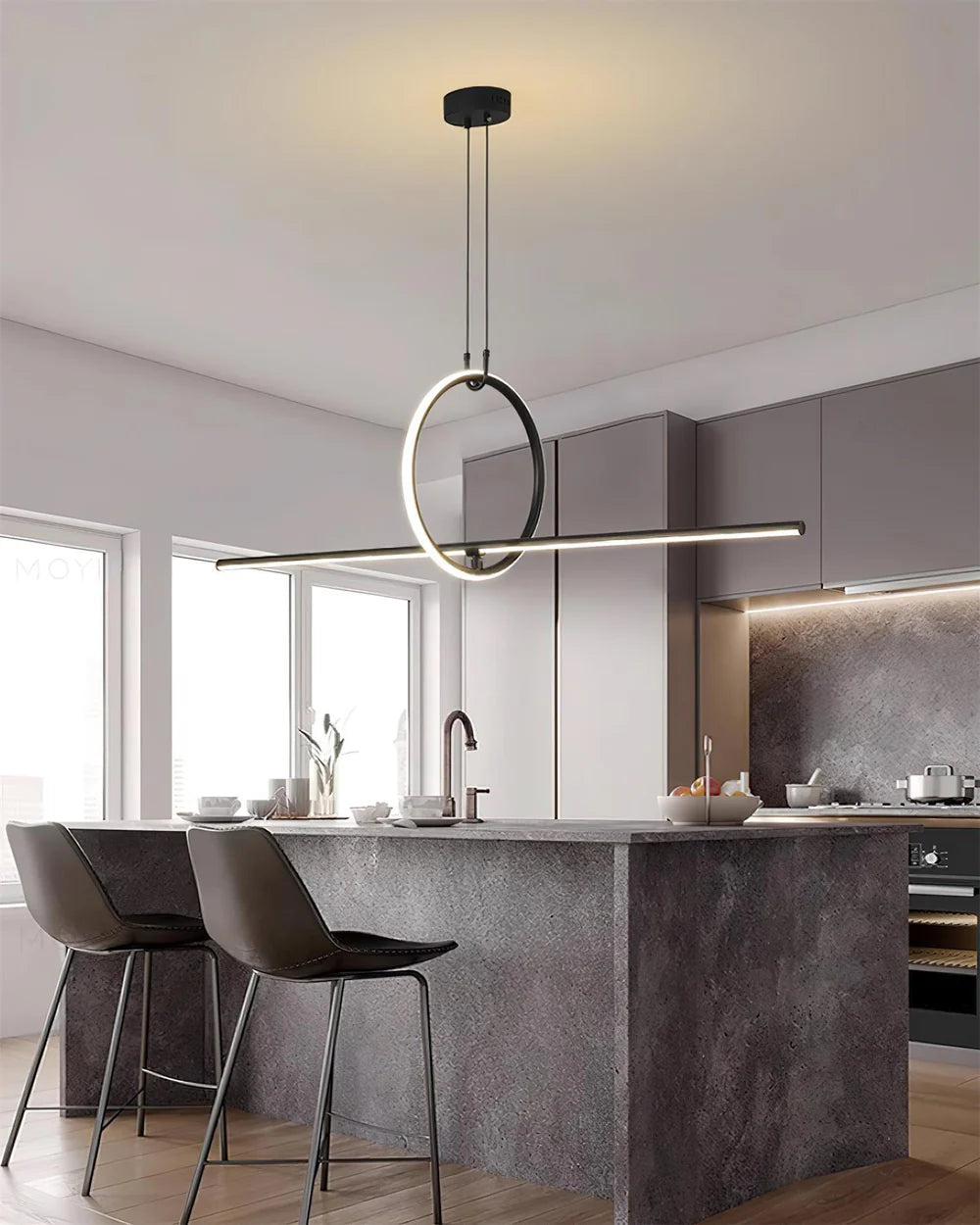 Suspension linéaire LED, détail du cadre circulaire - Maison Lumexia