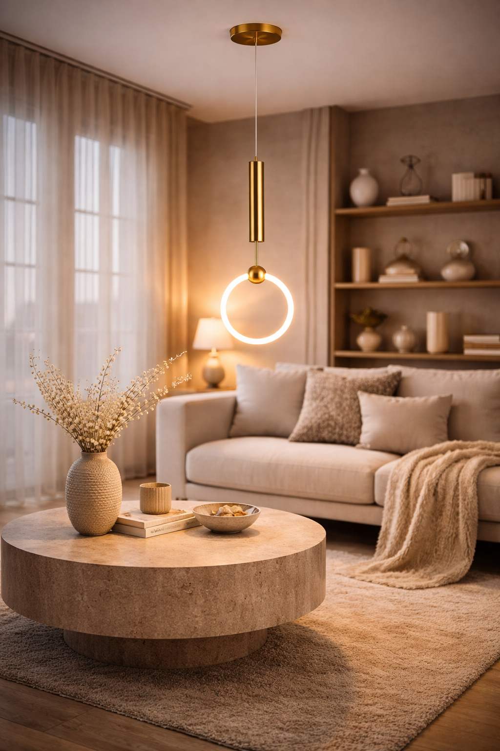 Suspension luminaire anneau lumineux – ambiance salon